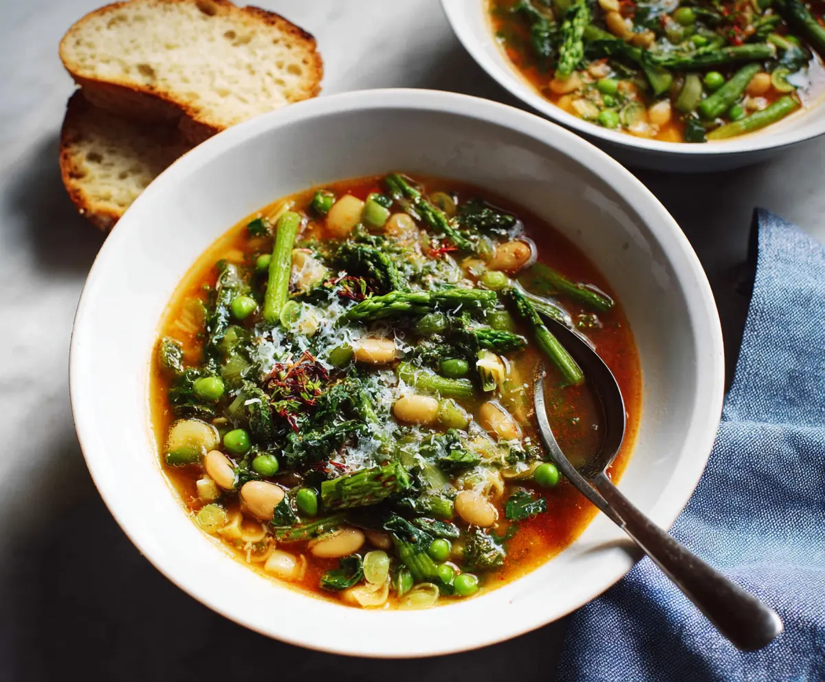 Delicious Spring Minestrone Soup with fresh vegetables and herbs in a bowl.