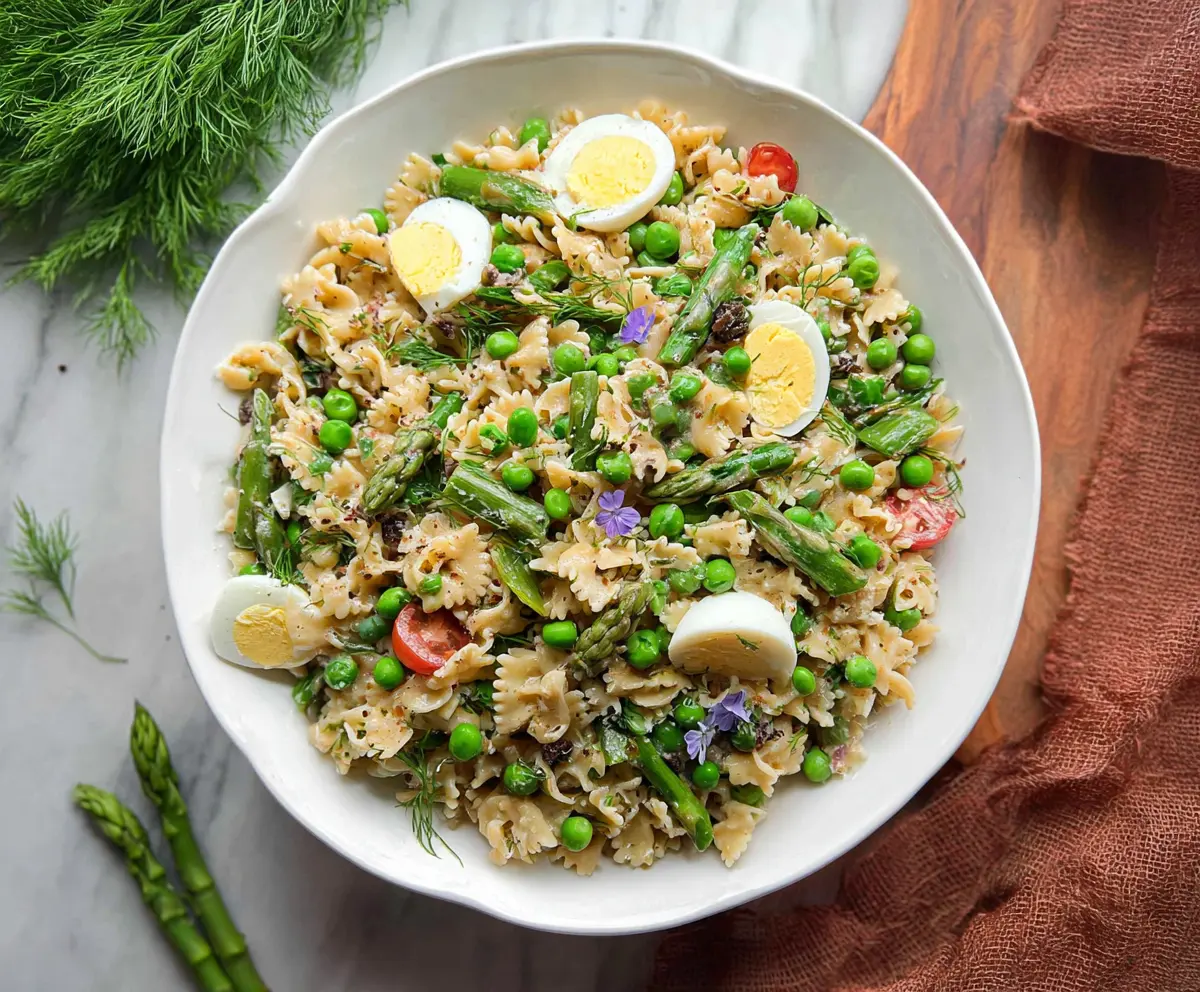 Colorful spring pasta salad with fresh vegetables and protein, perfect for a healthy meal.
