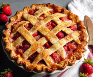 Delicious homemade strawberry rhubarb pie with a golden crust and fresh fruit filling.