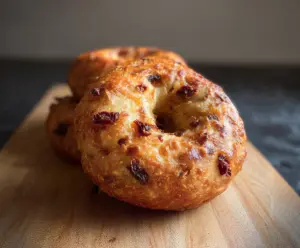 Delicious Sun-Dried Tomato Sourdough Bagels on a rustic wooden surface, showcasing their golden crust and chewy texture.