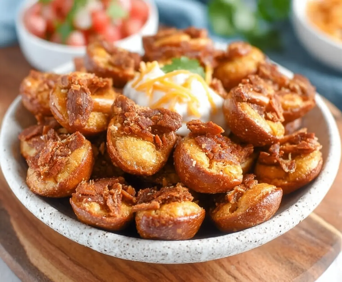 Close-up of crispy Taco Pretzel Bites topped with cheese and jalapenos, perfect for snacks.