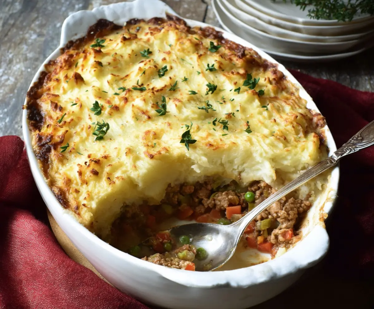 Delicious homemade Turkey Shepherd's Pie with mashed potato topping and seasoned ground turkey