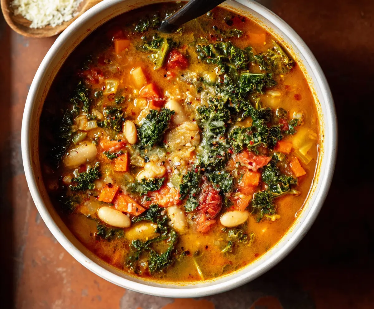 Hearty Tuscan Ribollita soup in a bowl with fresh vegetables and crusty bread.