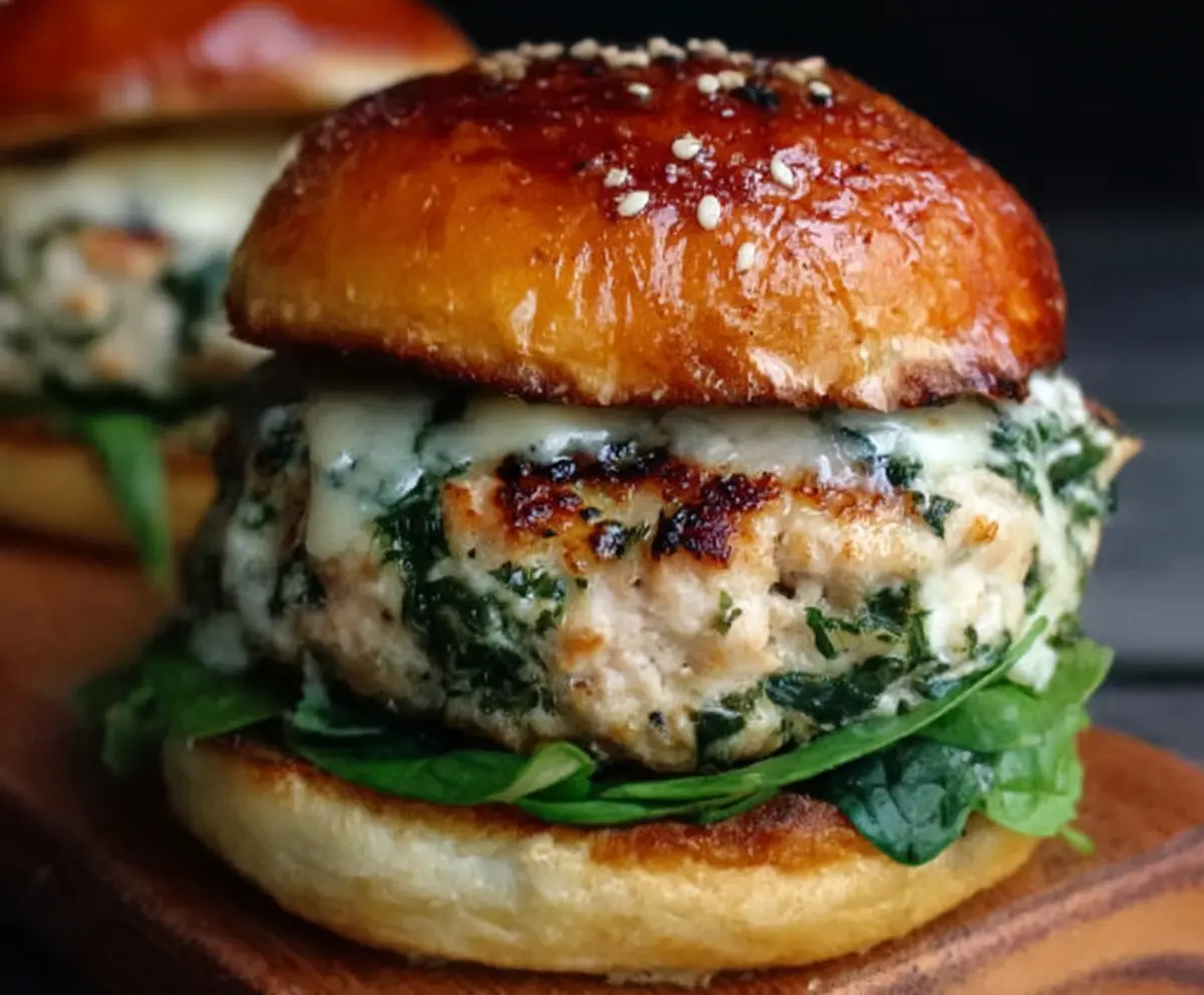 Juicy White Cheddar Spinach Chicken Burger on a bun with fresh greens