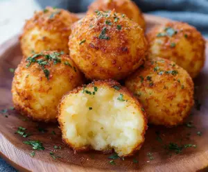 Crispy air fryer cheesy mashed potato balls served with dipping sauce.