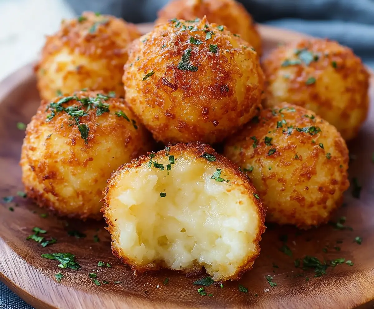Crispy air fryer cheesy mashed potato balls served with dipping sauce.