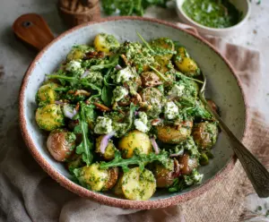 Fresh arugula pesto potato salad garnished with herbs and served cold.