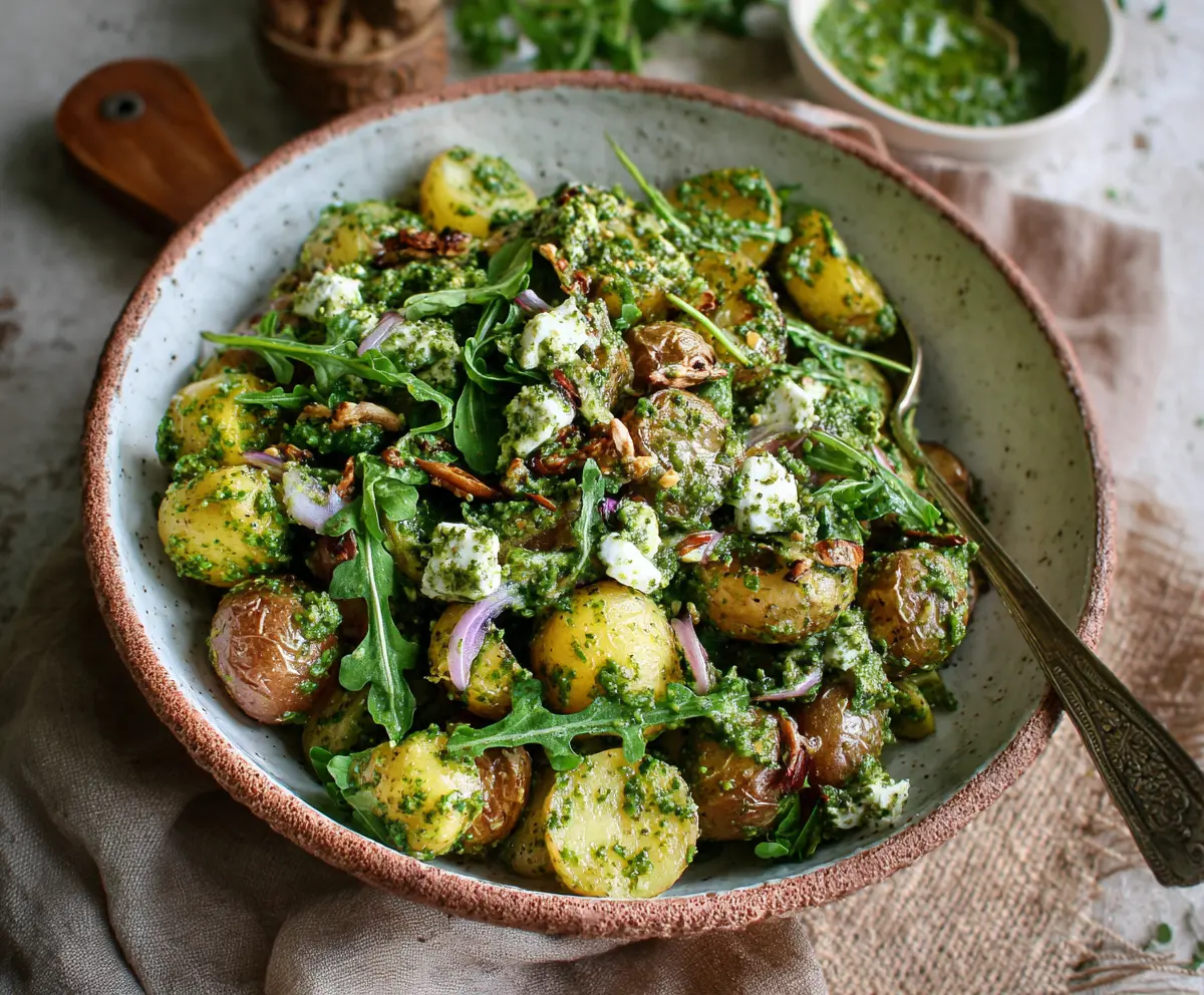 Fresh arugula pesto potato salad garnished with herbs and served cold.