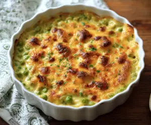 Delicious Au Gratin Creamed Peas with golden melted cheese on top, served as a savory side dish.