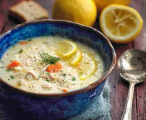 Traditional Greek Avgolemono Soup with lemon, eggs, and chicken broth in a bowl.