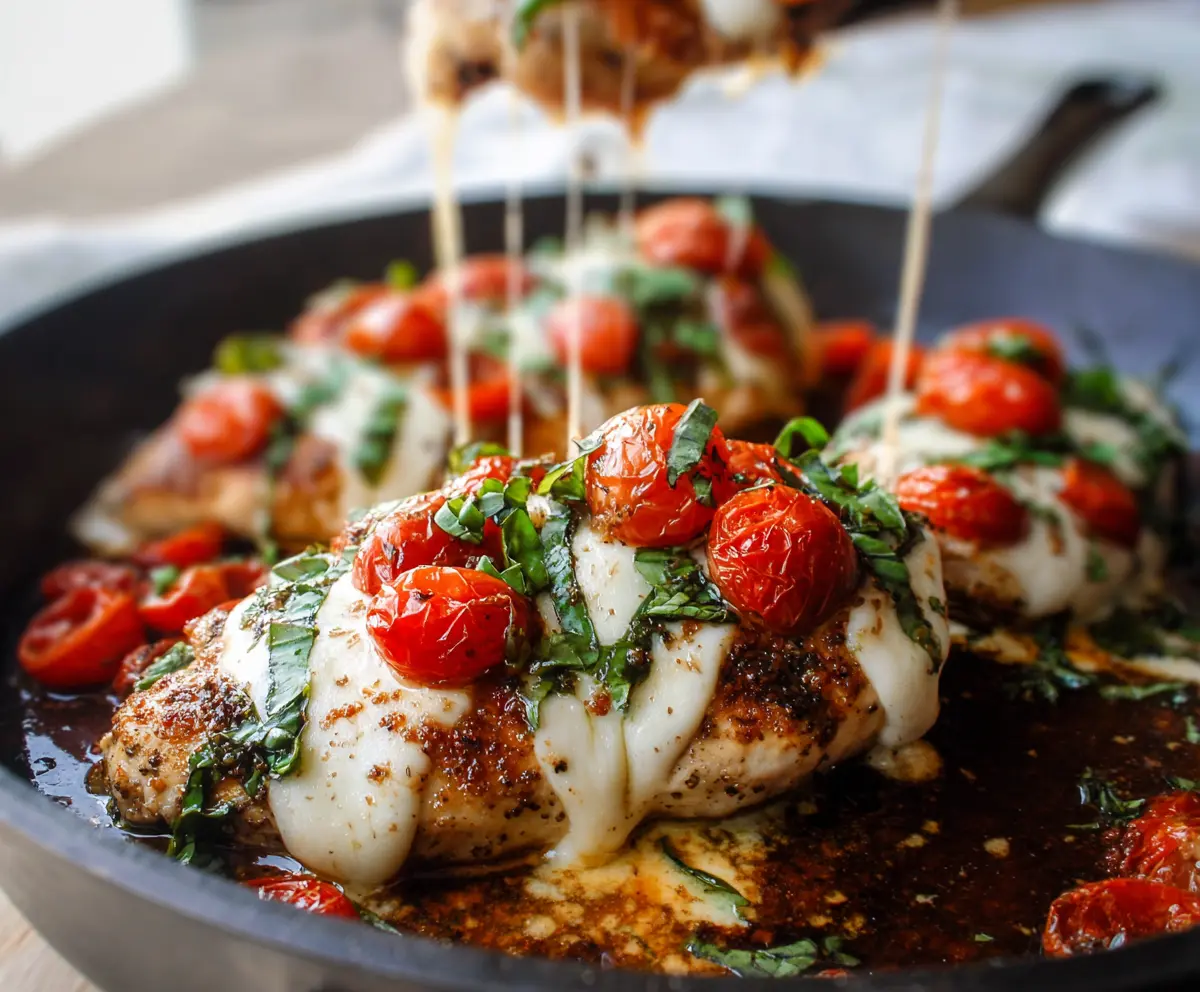 Delicious baked Caprese chicken with melted mozzarella, fresh basil, and ripe tomatoes on a hot dish.