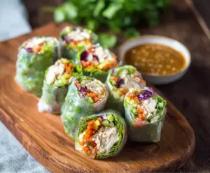 Delicious Bang Bang Chicken Rice Paper Rolls with fresh vegetables and spicy sauce.