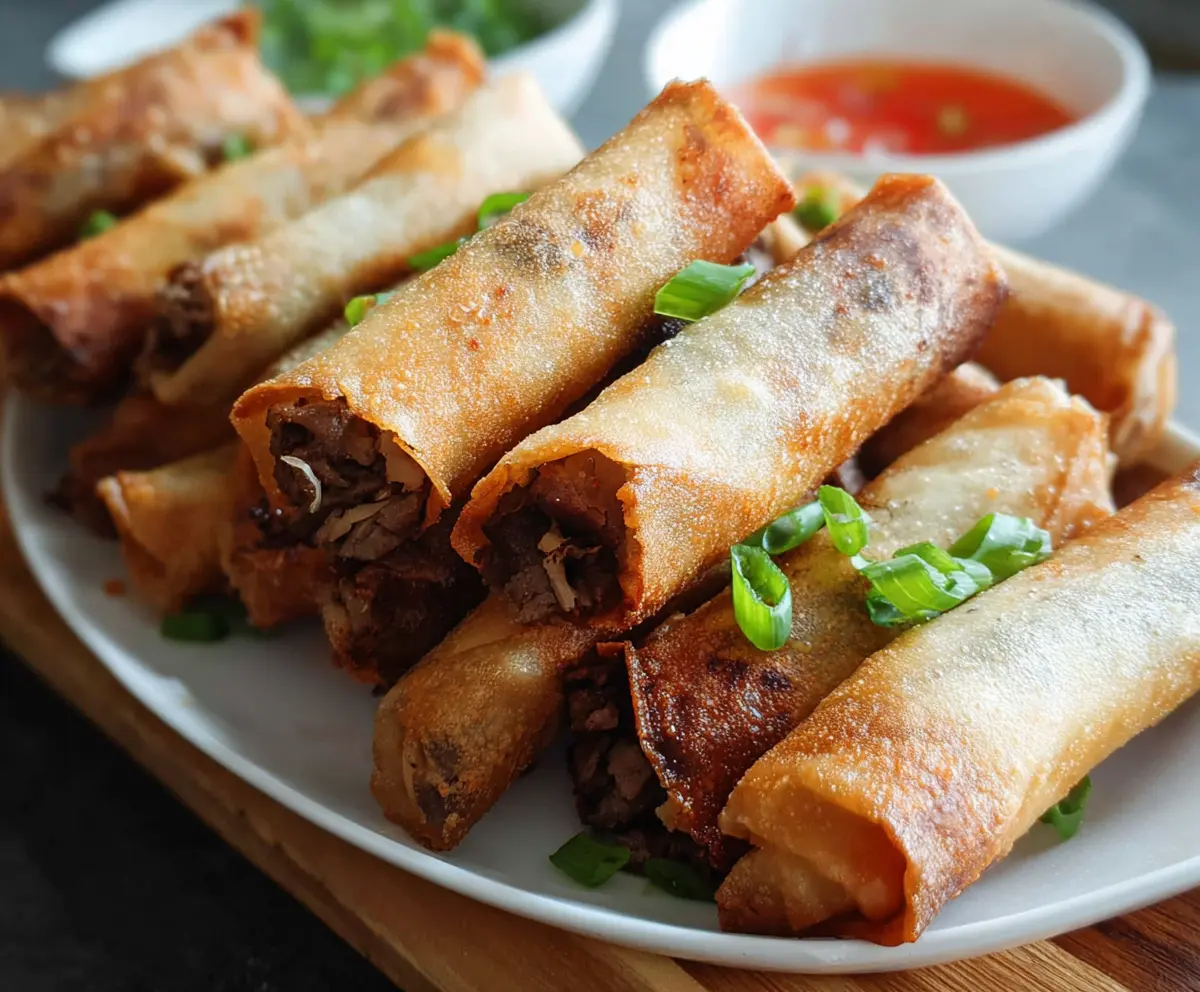 Crispy Beef Lumpia with savory filling and dipping sauce on a plate