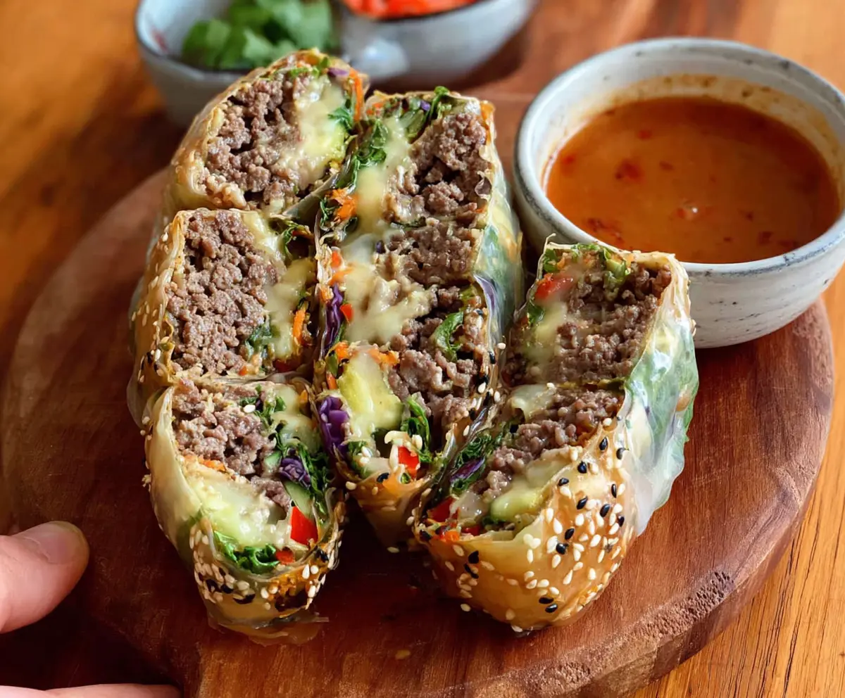 Delicious Big Mac Rice Paper Rolls with layers of beef lettuce cheese and sauce