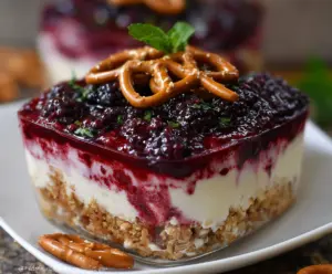 Delicious Blackberry Pretzel Dessert topped with fresh blackberries and whipped cream