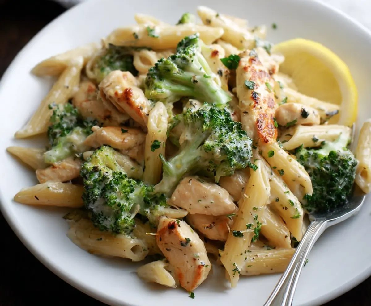 Delicious broccoli and chicken penne pasta dish with fresh ingredients