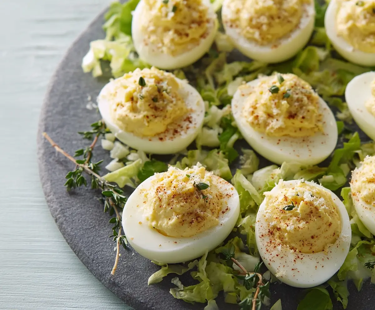 Creamy Caesar Deviled Eggs garnished with fresh herbs on a white plate.