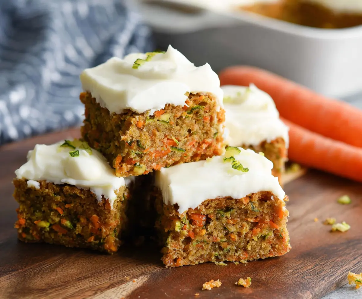 Delicious carrot and zucchini bars topped with citrus cream cheese frosting, perfect for a healthy snack or dessert.