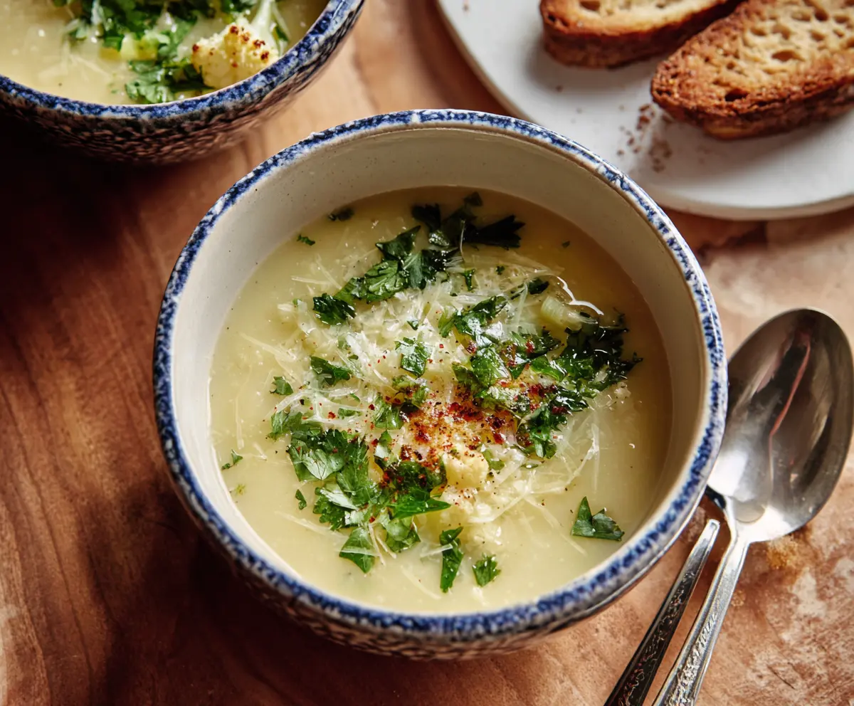 Creamy cauliflower leek soup served in a bowl, garnished with fresh herbs.
