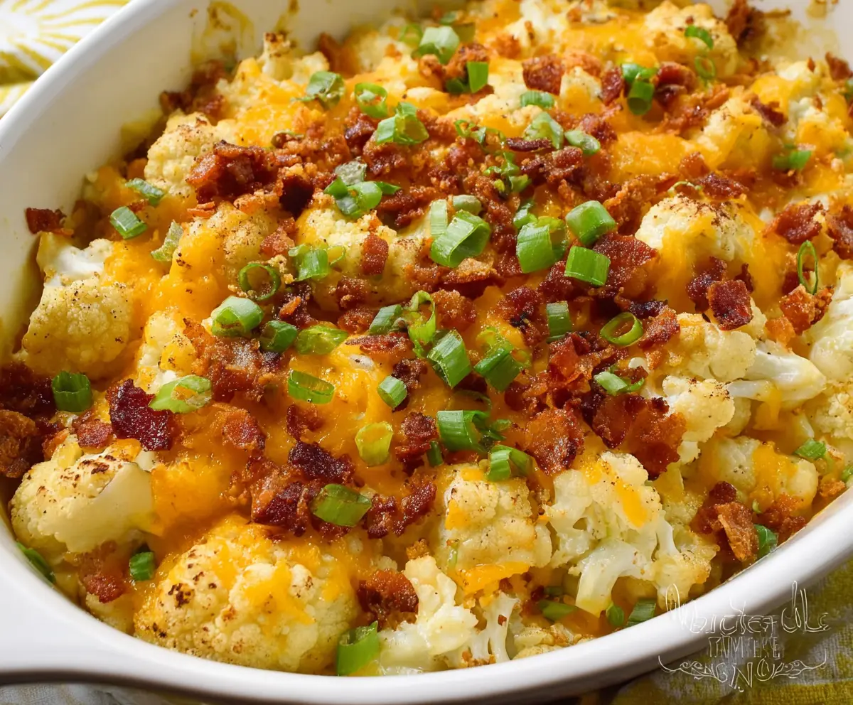 Delicious cheesy loaded cauliflower casserole topped with melted cheese and crispy bacon.
