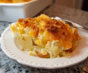 Delicious cheesy potato casserole topped with melted cheese and fresh herbs, perfect for family dinners.
