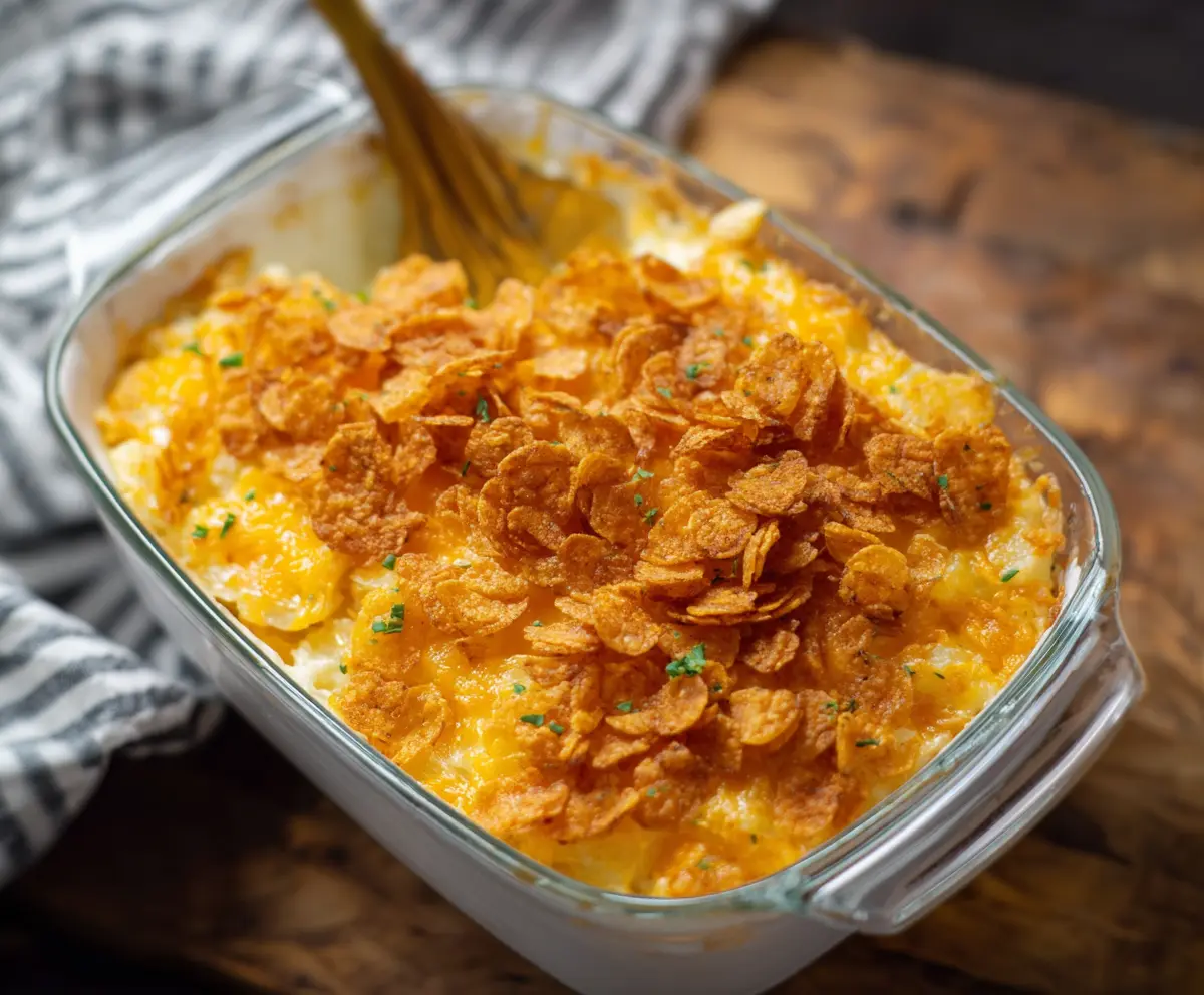 Baked cheesy potatoes topped with crispy corn flakes, perfect for a savory side dish.