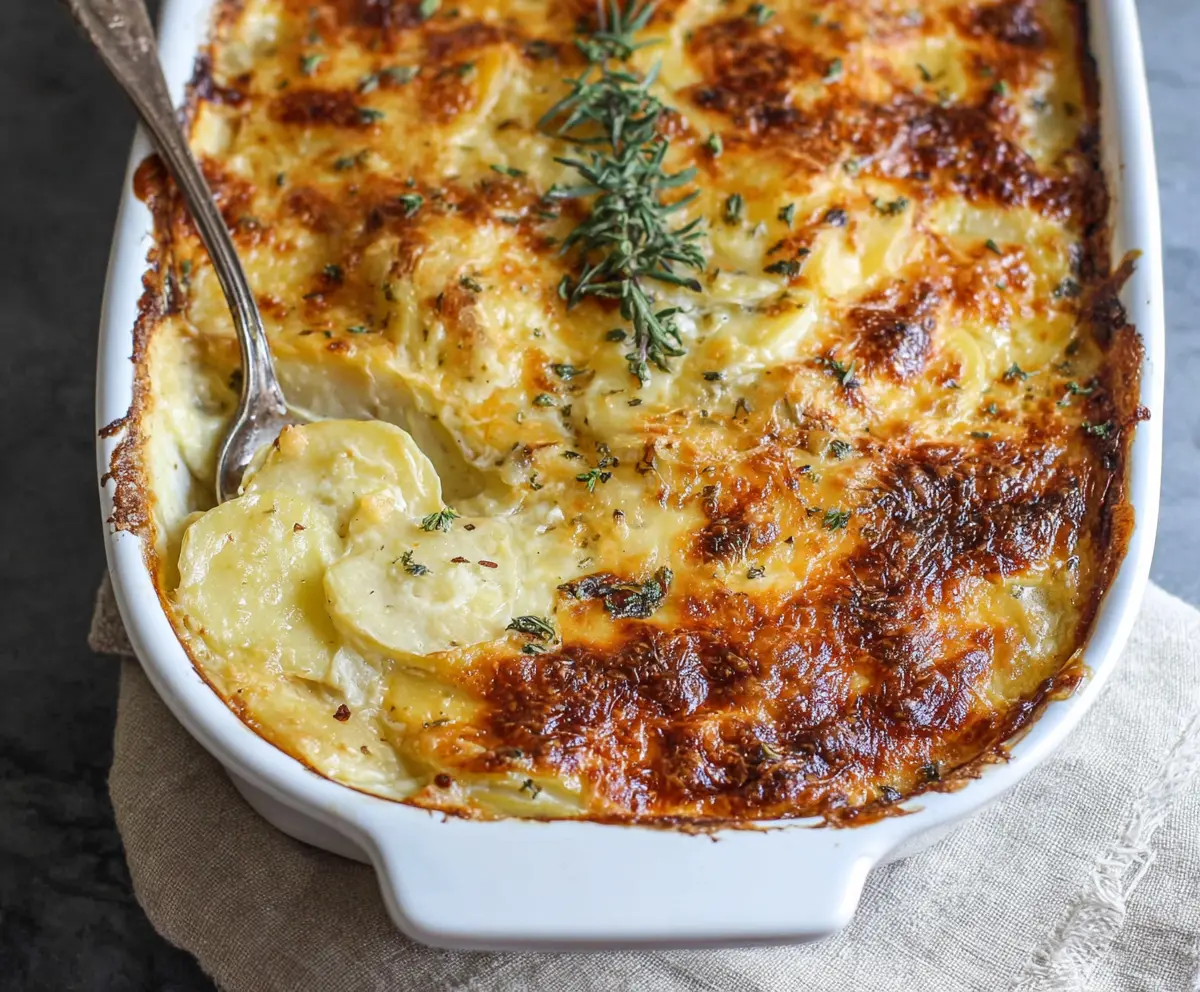 Creamy cheesy scalloped potatoes bake with golden top, perfect for comfort food lovers.