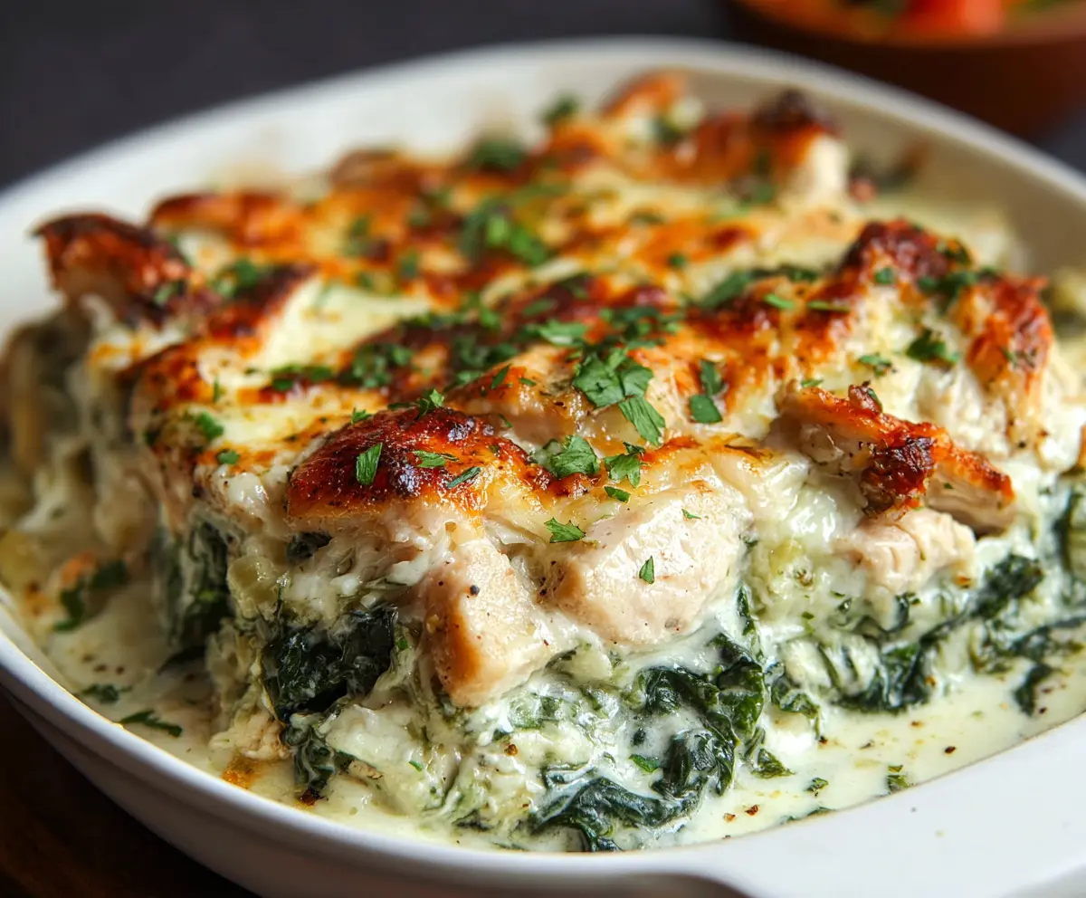 Delicious Chicken and Spinach Casserole with Cream Cheese, perfect for a healthy family dinner.