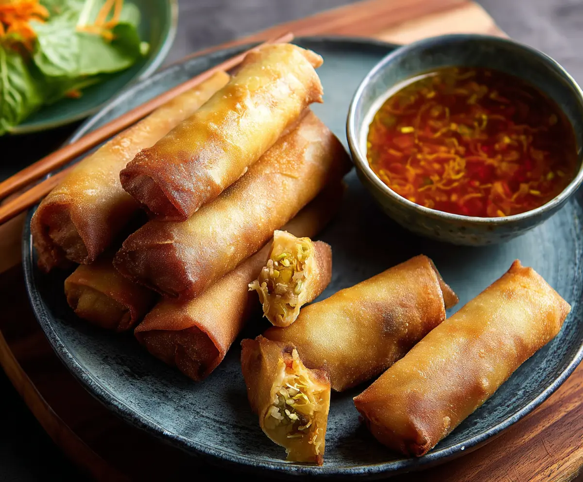 Crispy chicken spring rolls with fresh vegetables and dipping sauce on a plate.