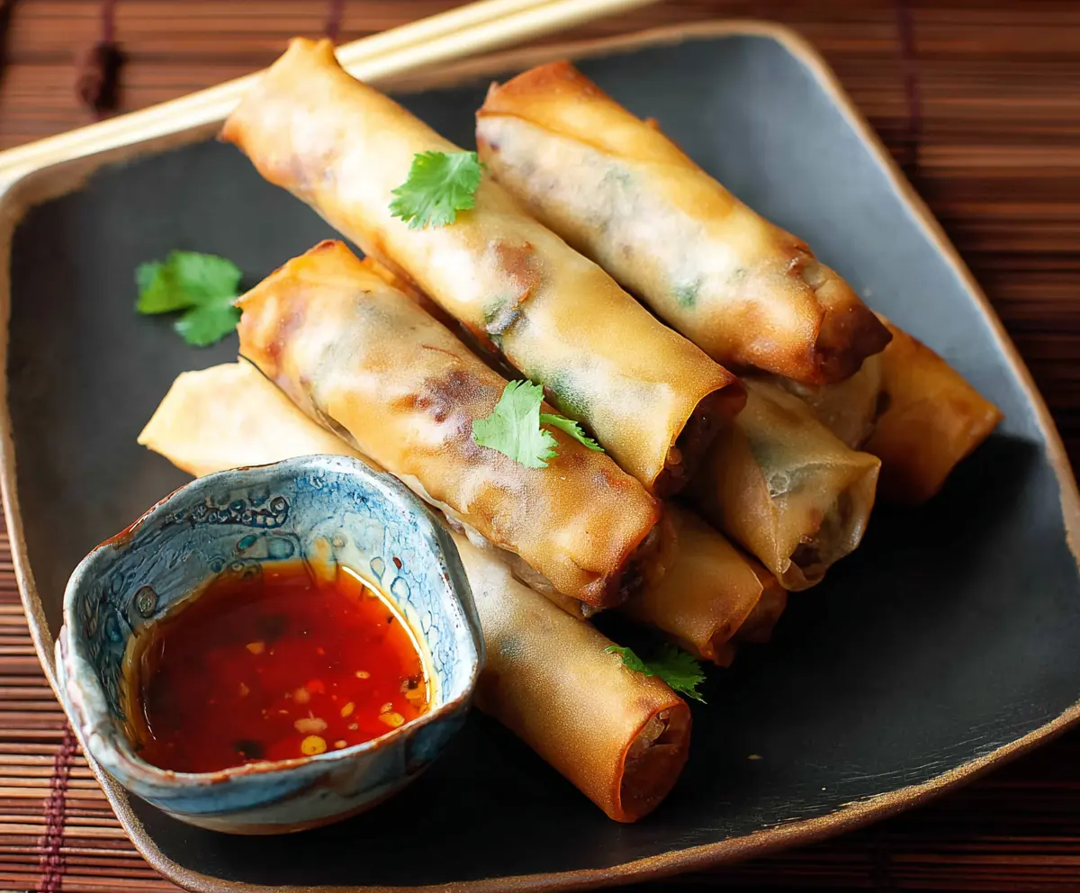 Crispy Chinese spring rolls filled with vegetables and served with dipping sauce.