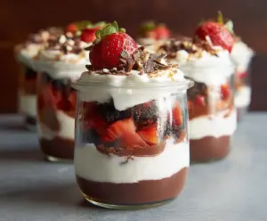 Delicious layered chocolate and strawberry dessert parfait in a glass