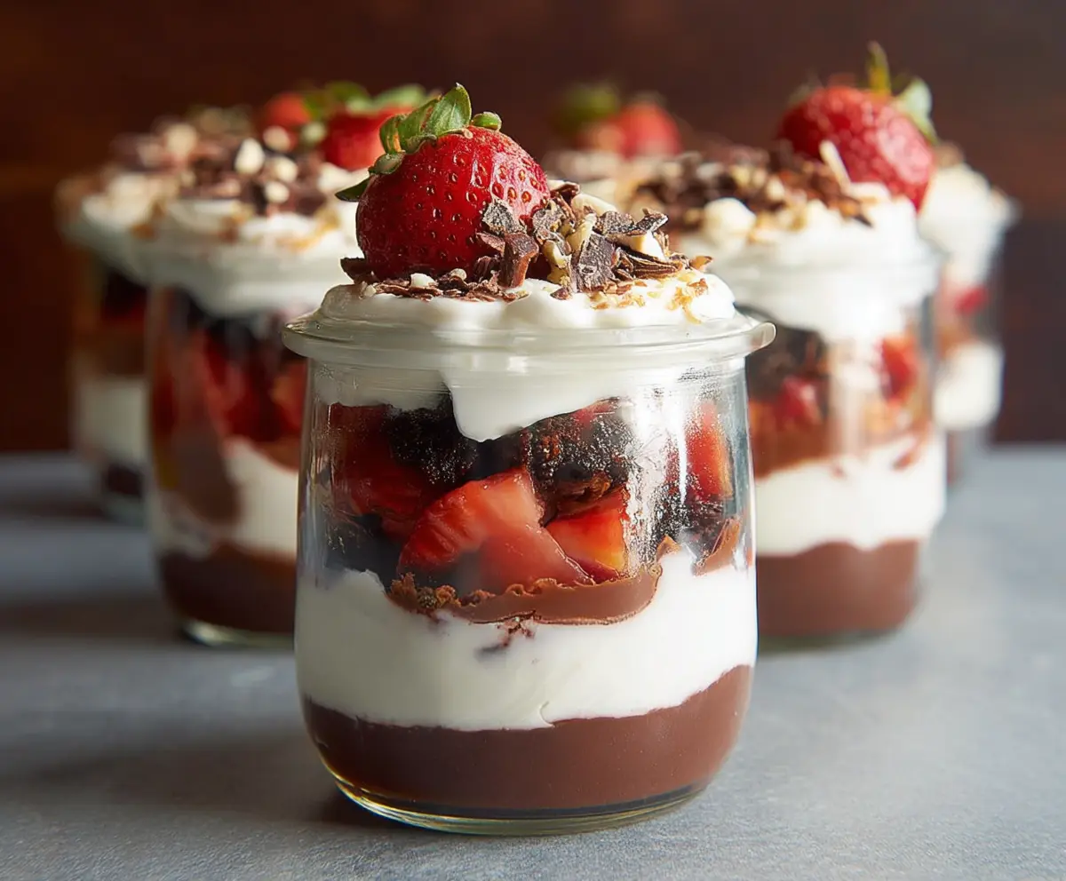 Delicious layered chocolate and strawberry dessert parfait in a glass