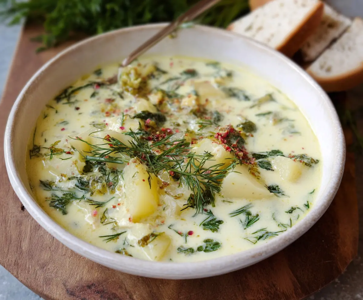 Creamy Chunky Potato Dill Soup served in a bowl, garnished with fresh dill and potato chunks, ideal for a comforting meal.