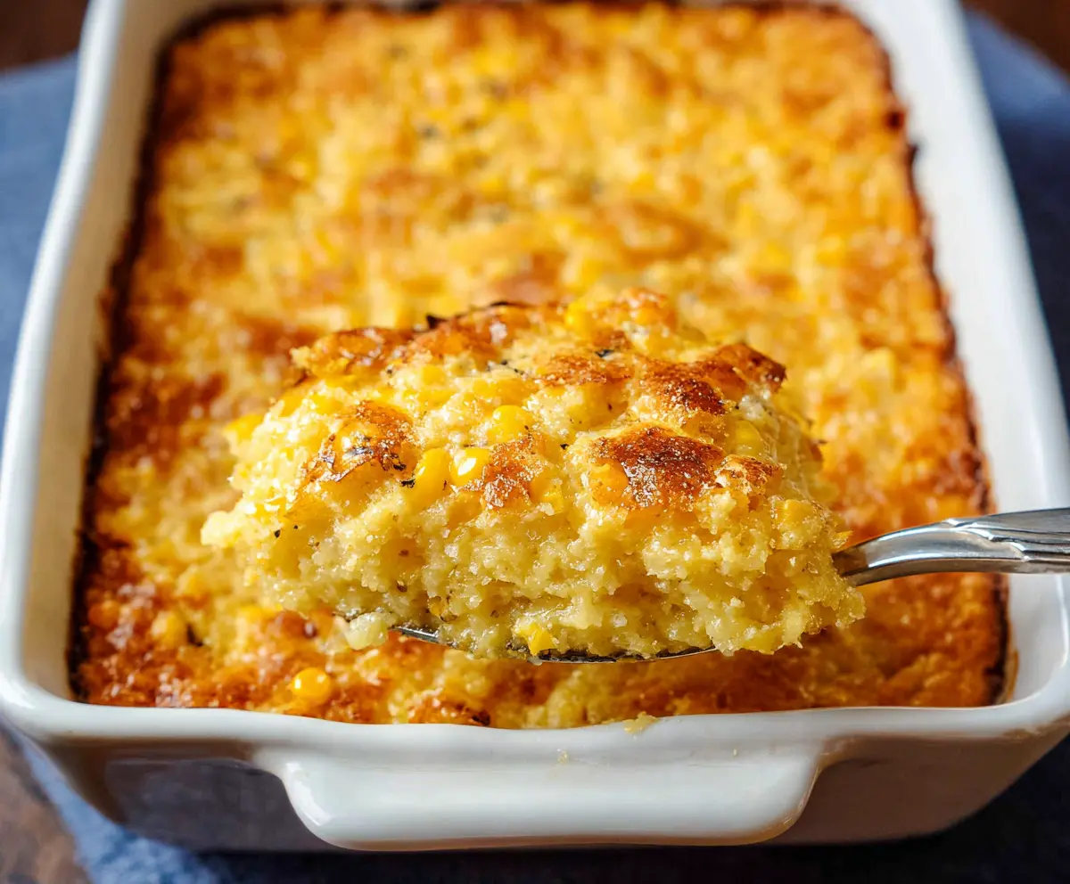 Delicious golden corn casserole baked in a baking dish, perfect for family dinners and holiday meals.