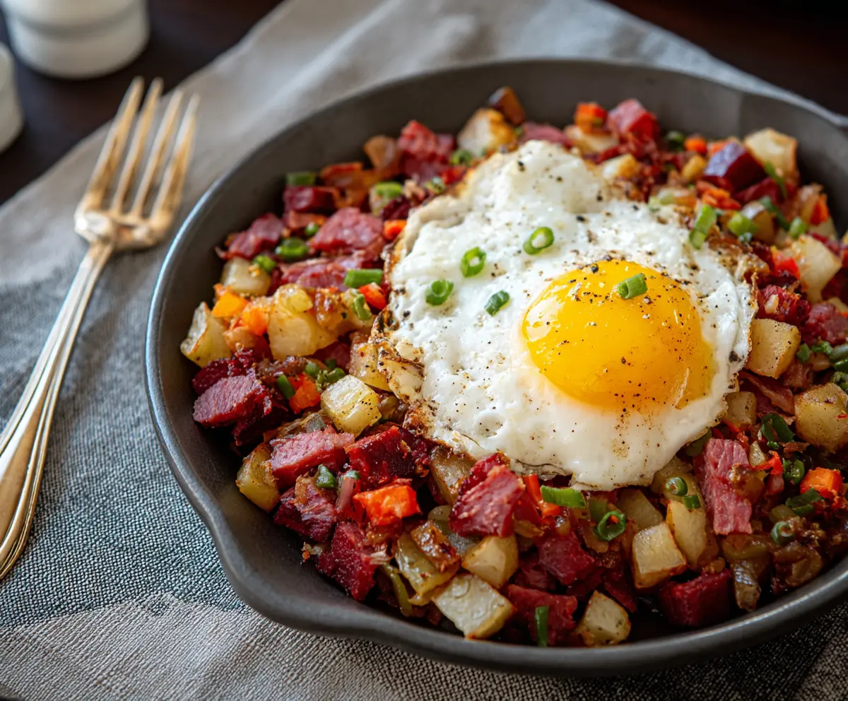 Delicious Corned Beef Hash served with crispy potatoes and melted cheese