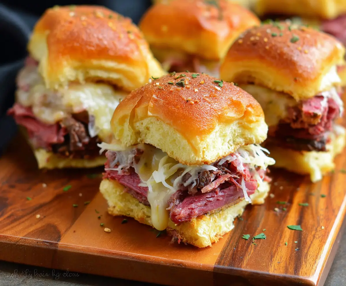 Delicious corned beef sliders with melted cheese and pickles on soft buns, perfect for a quick snack or party appetizer.