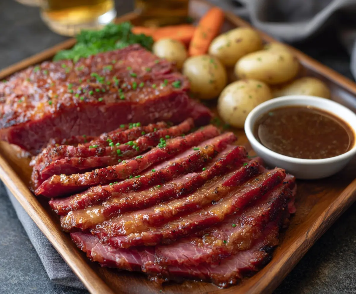 Delicious corned beef glazed with beer sauce ready to serve.