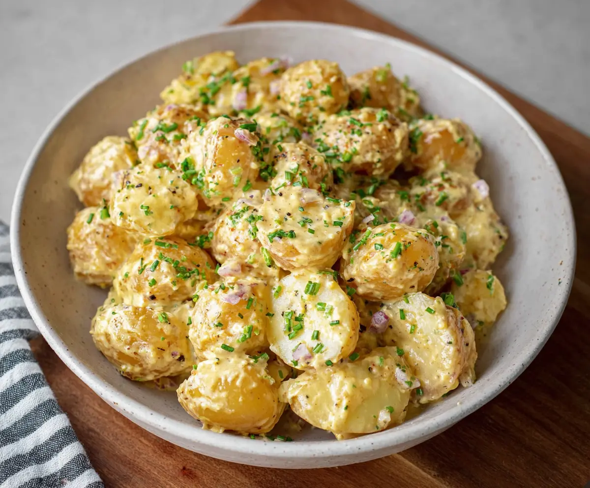 Creamy mustard potatoes served in a rustic bowl, garnished with fresh herbs, perfect for a flavorful side dish.