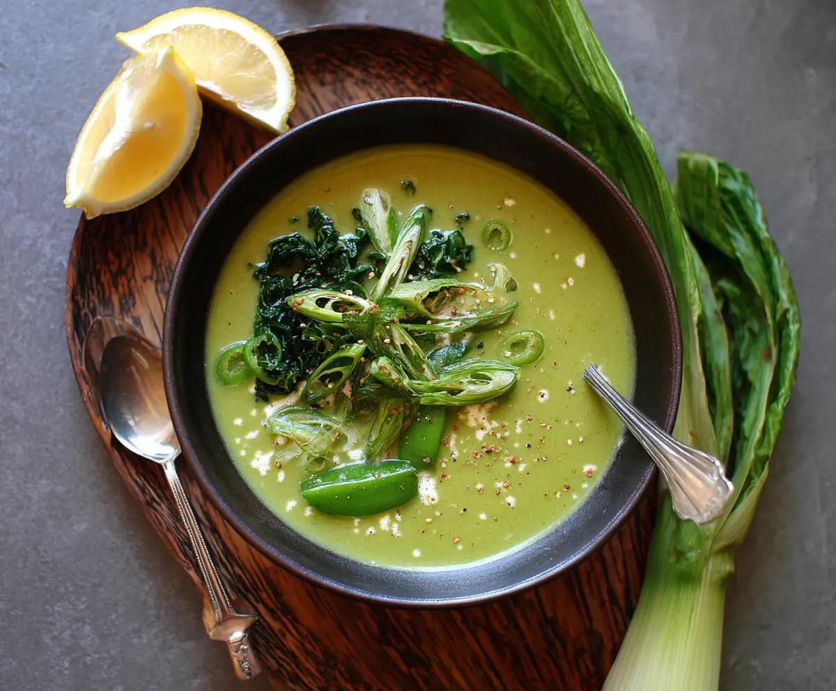 A bowl of creamy spring greens soup garnished with fresh herbs and served with crusty bread.
