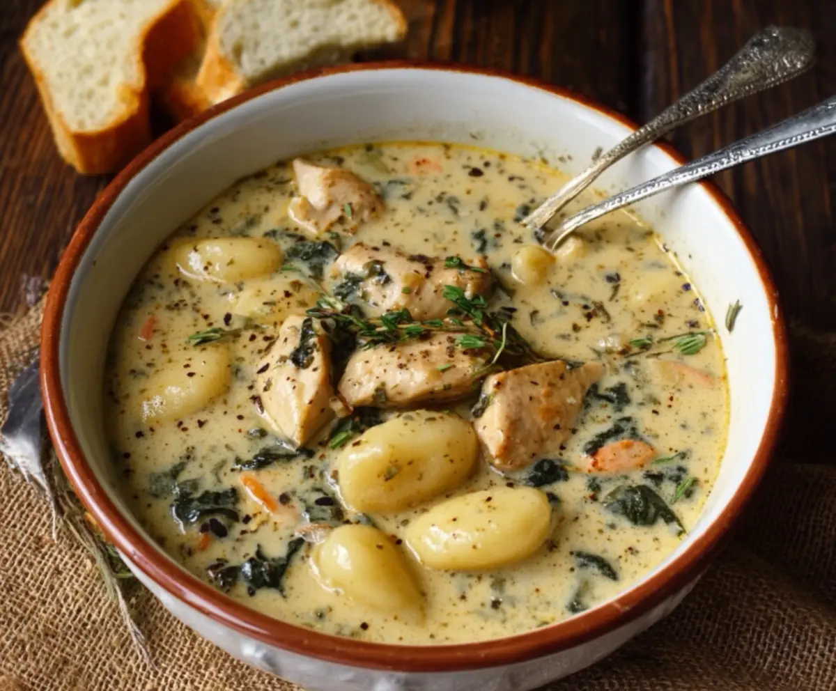 Creamy winter lemon chicken gnocchi soup in a bowl with fresh herbs