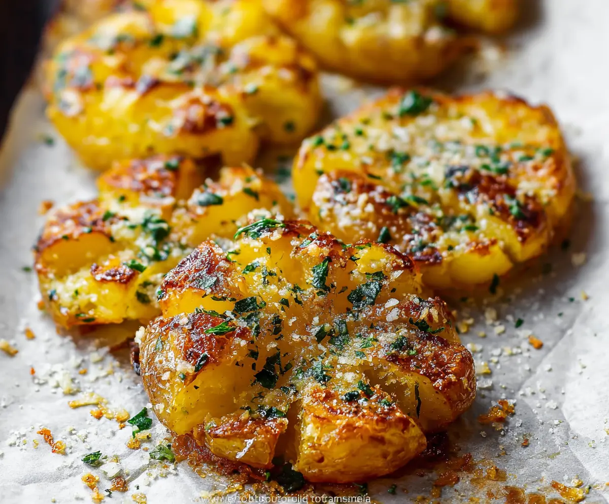Plate of crispy garlic butter parmesan smashed potatoes garnished with herbs.