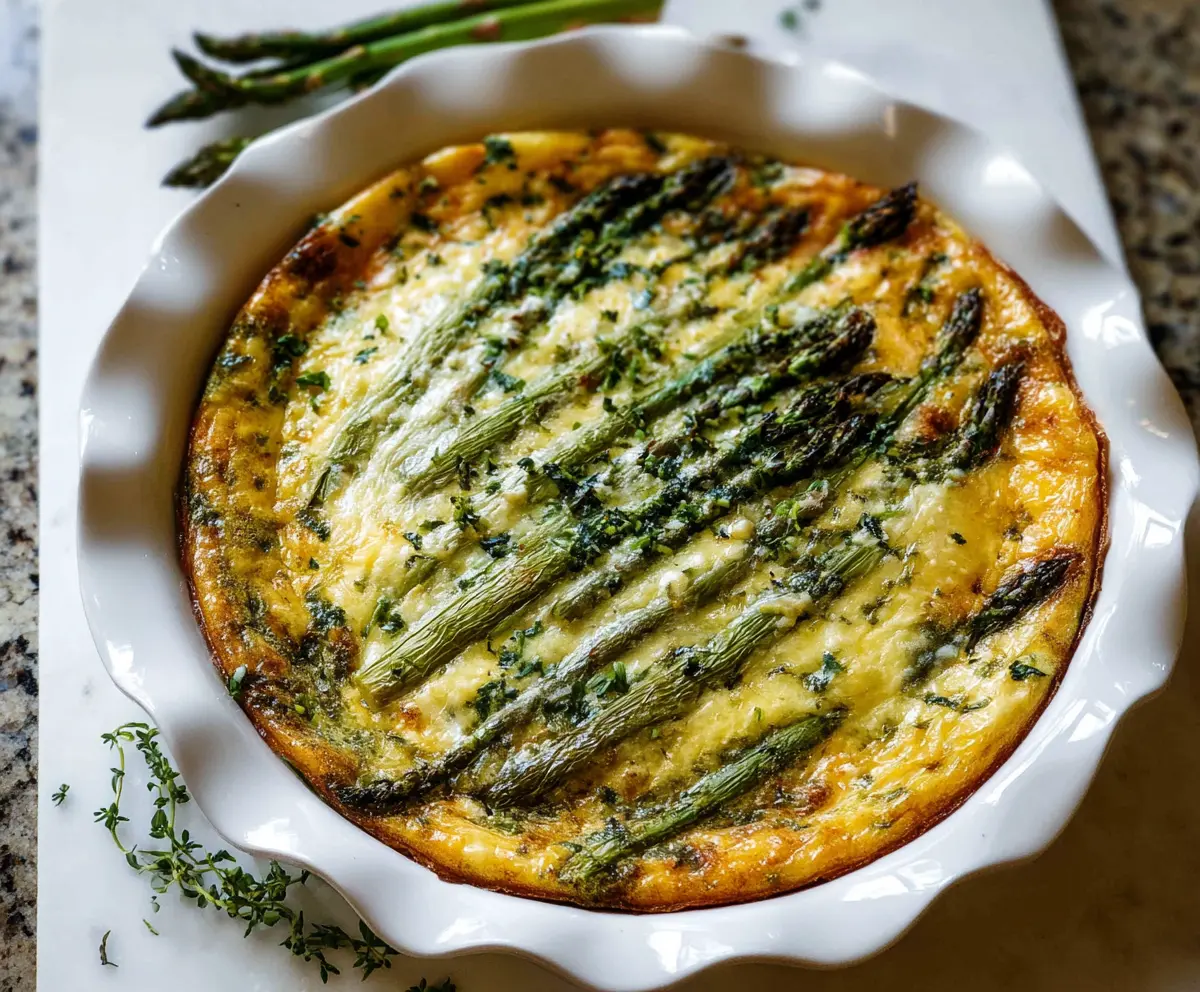 Delicious crustless asparagus quiche served on a white plate, garnished with fresh herbs.