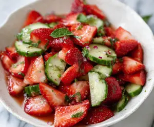 Refreshing cucumber and strawberry salad served in a glass bowl for a healthy summer refreshment.