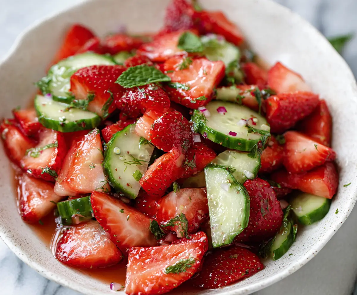 Refreshing cucumber and strawberry salad served in a glass bowl for a healthy summer refreshment.