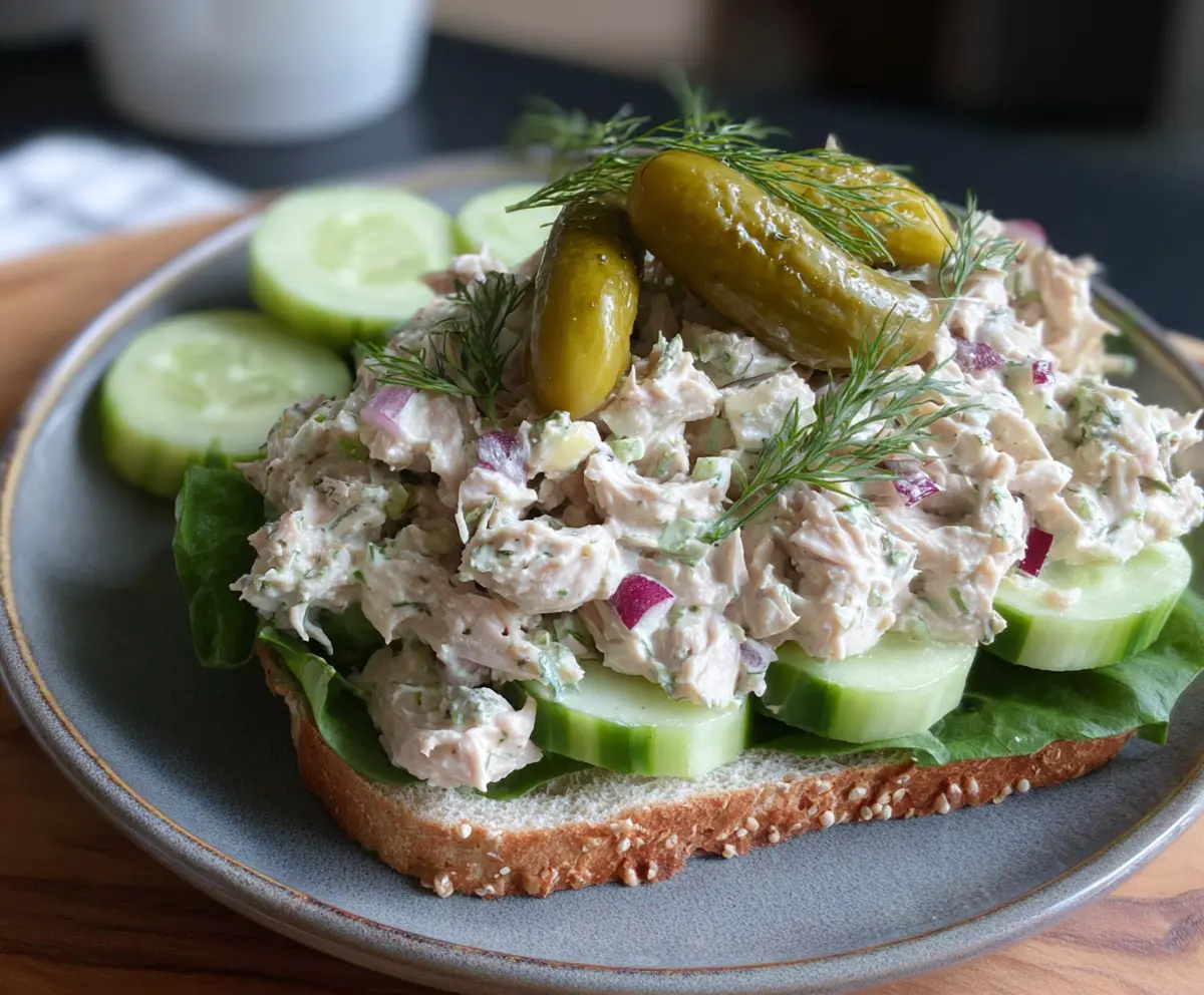 Dill pickle tuna salad in a bowl with fresh herbs, perfect for a healthy lunch
