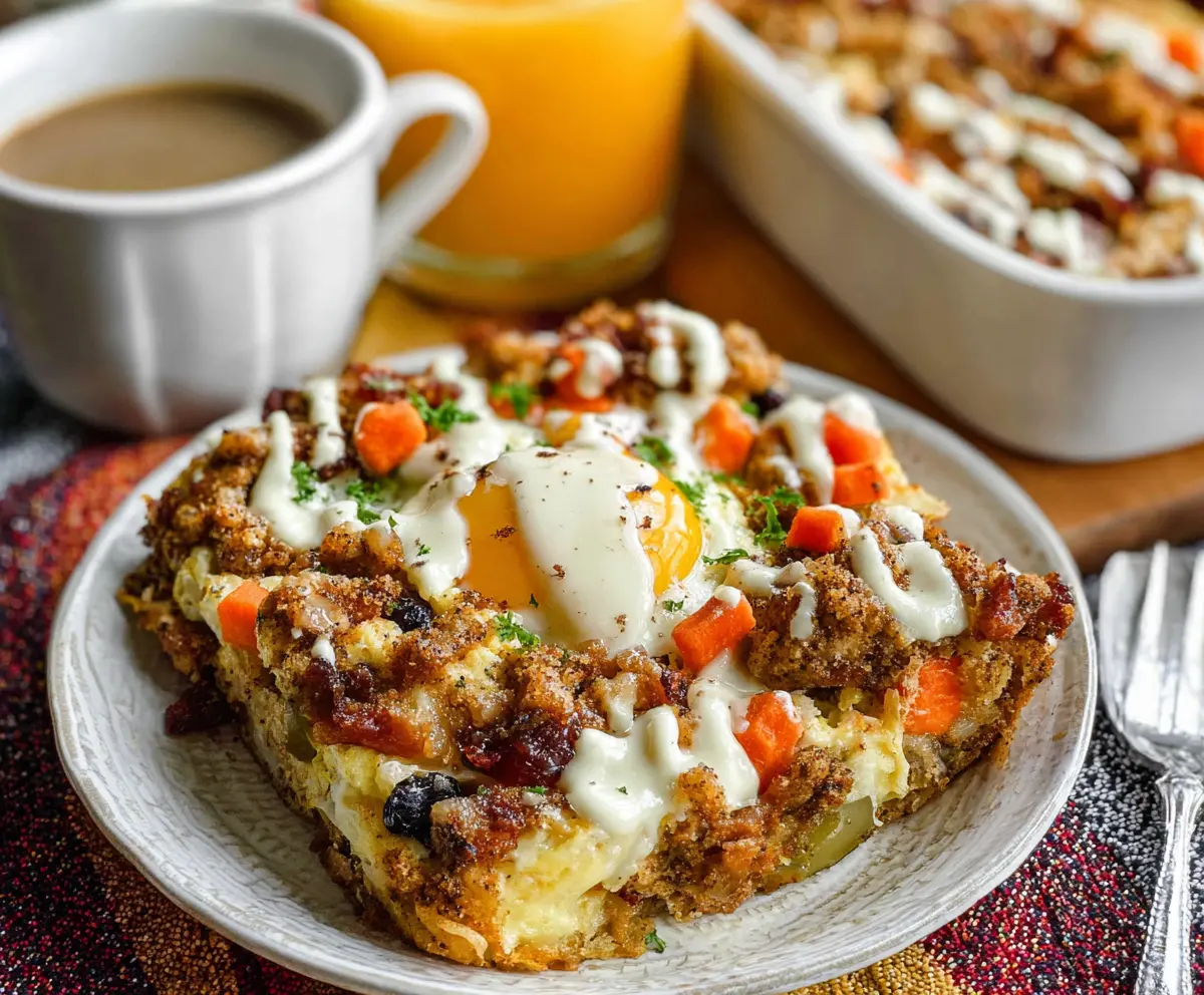 Delicious Easter Breakfast Bake with fluffy eggs, cheese, and herbs in a festive setting