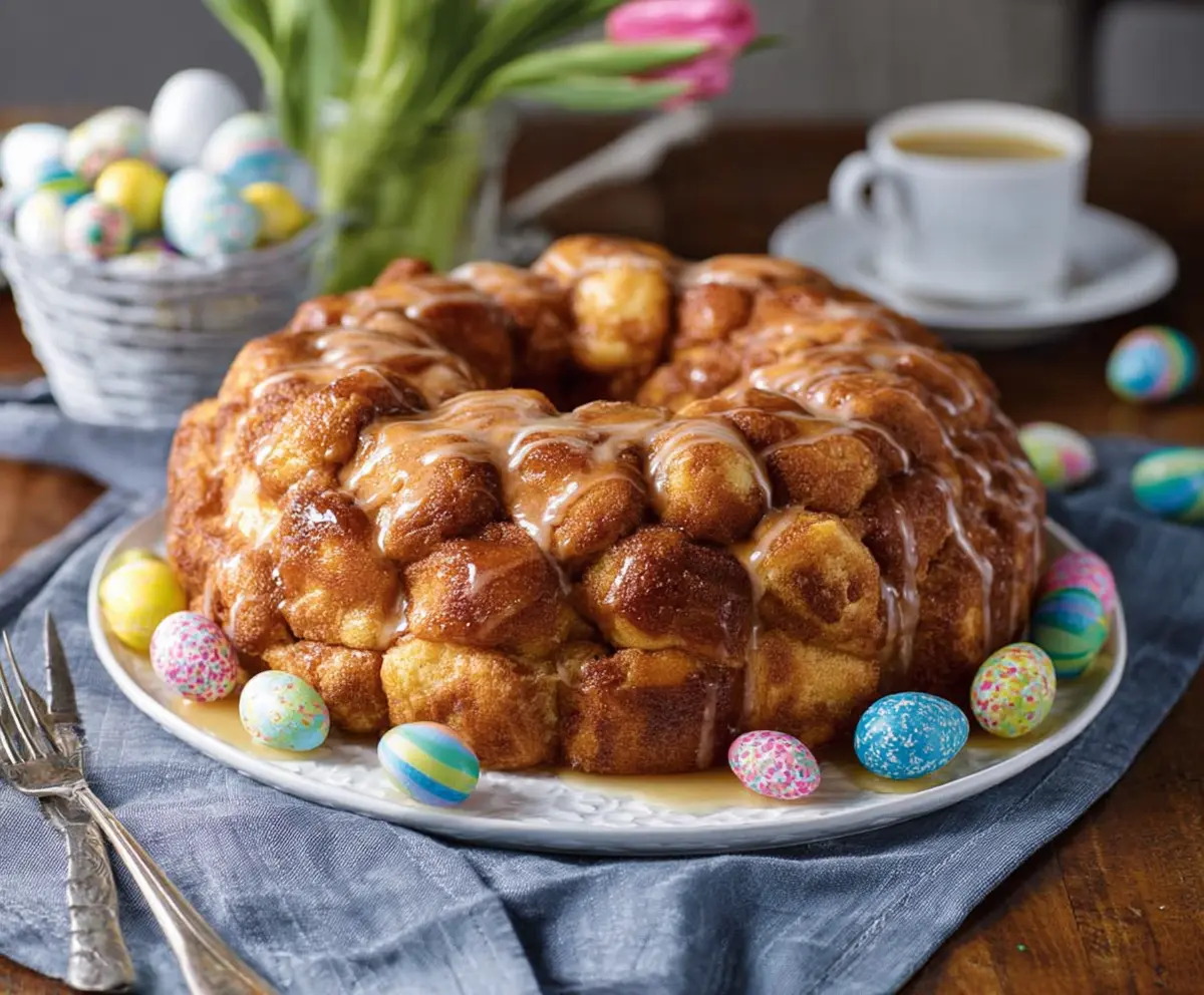 Delicious Easter Brunch Monkey Bread topped with icing and colorful sprinkles, perfect for holiday mornings.
