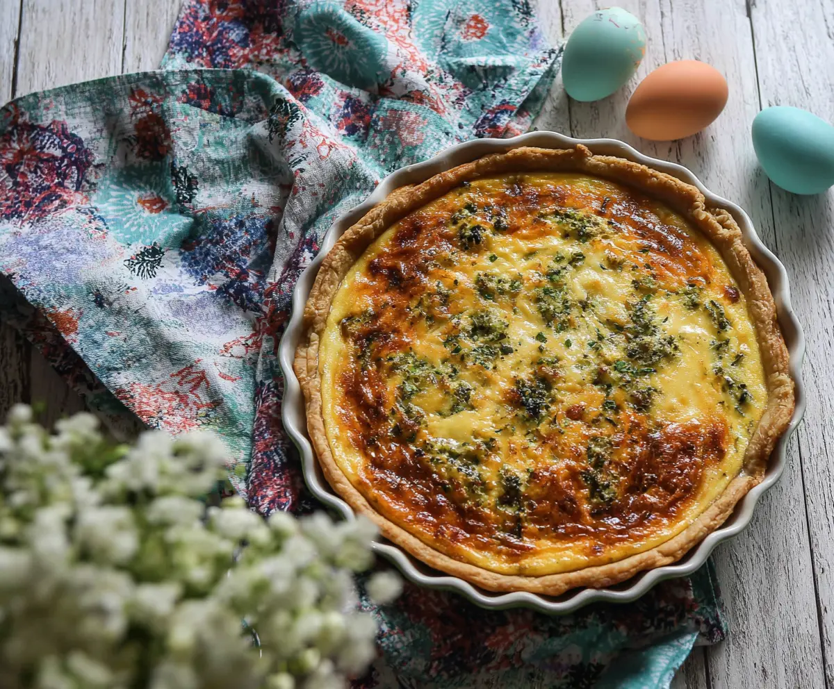 Delicious Easter brunch quiche with savory vegetables and flaky crust on a festive table.