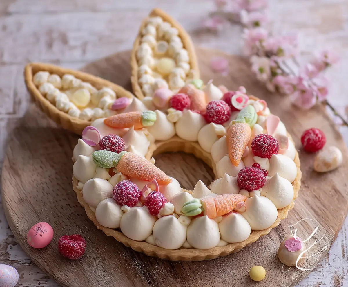 Delicious Easter Bunny Cream Tart with colorful decorations and creamy filling for a festive celebration.