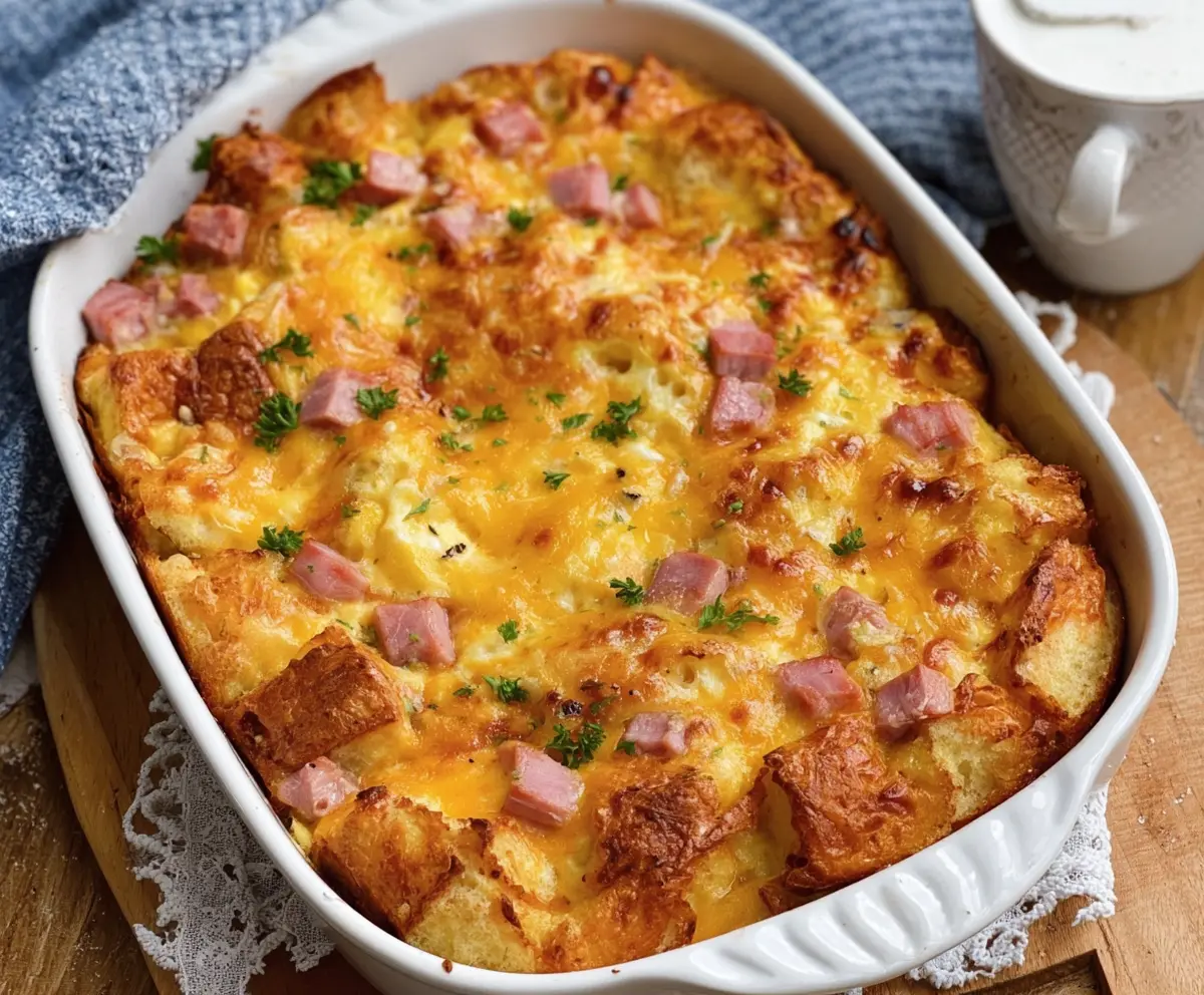 Easter cheesy ham and egg casserole with melted cheese and fresh herbs on a serving platter.